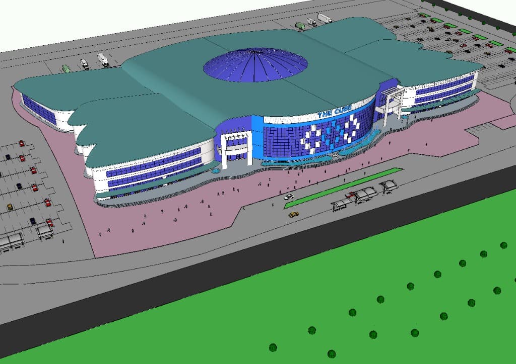 Aerial architectural rendering of the retail complex, parking areas, and central circular roof