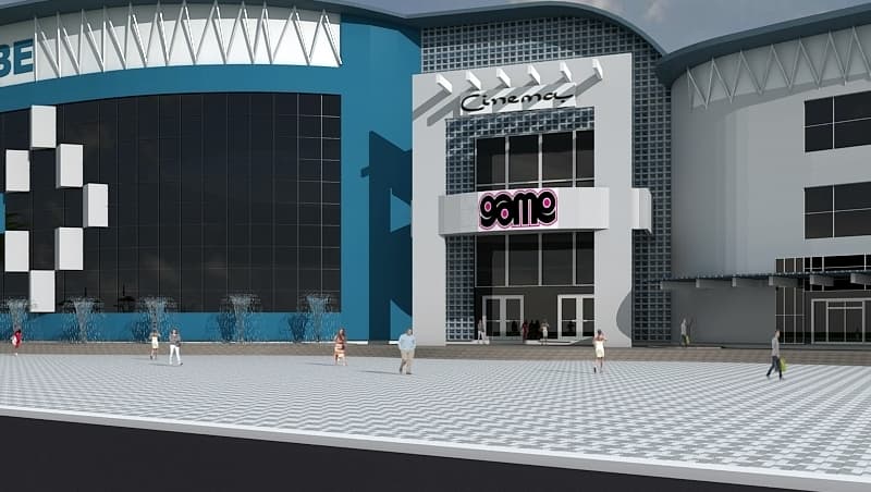 Architectural rendering focused on the retail complex entrance and curved roof canopy