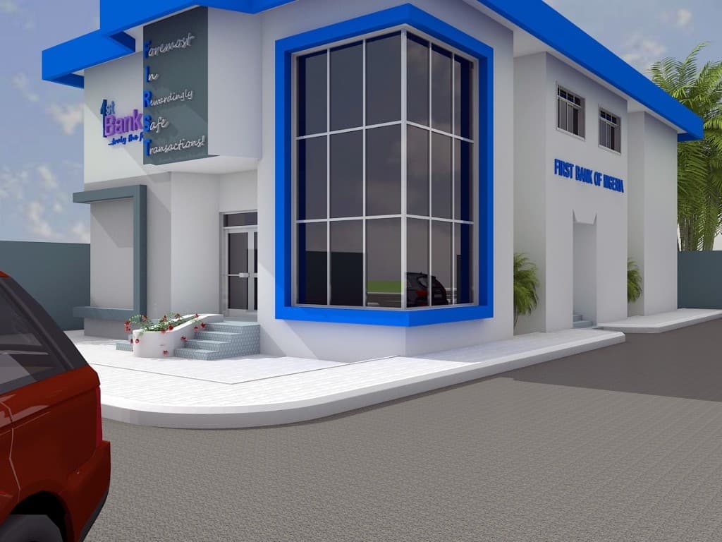 Architectural rendering of a compact First Bank branch with blue trim and a tall glazed corner